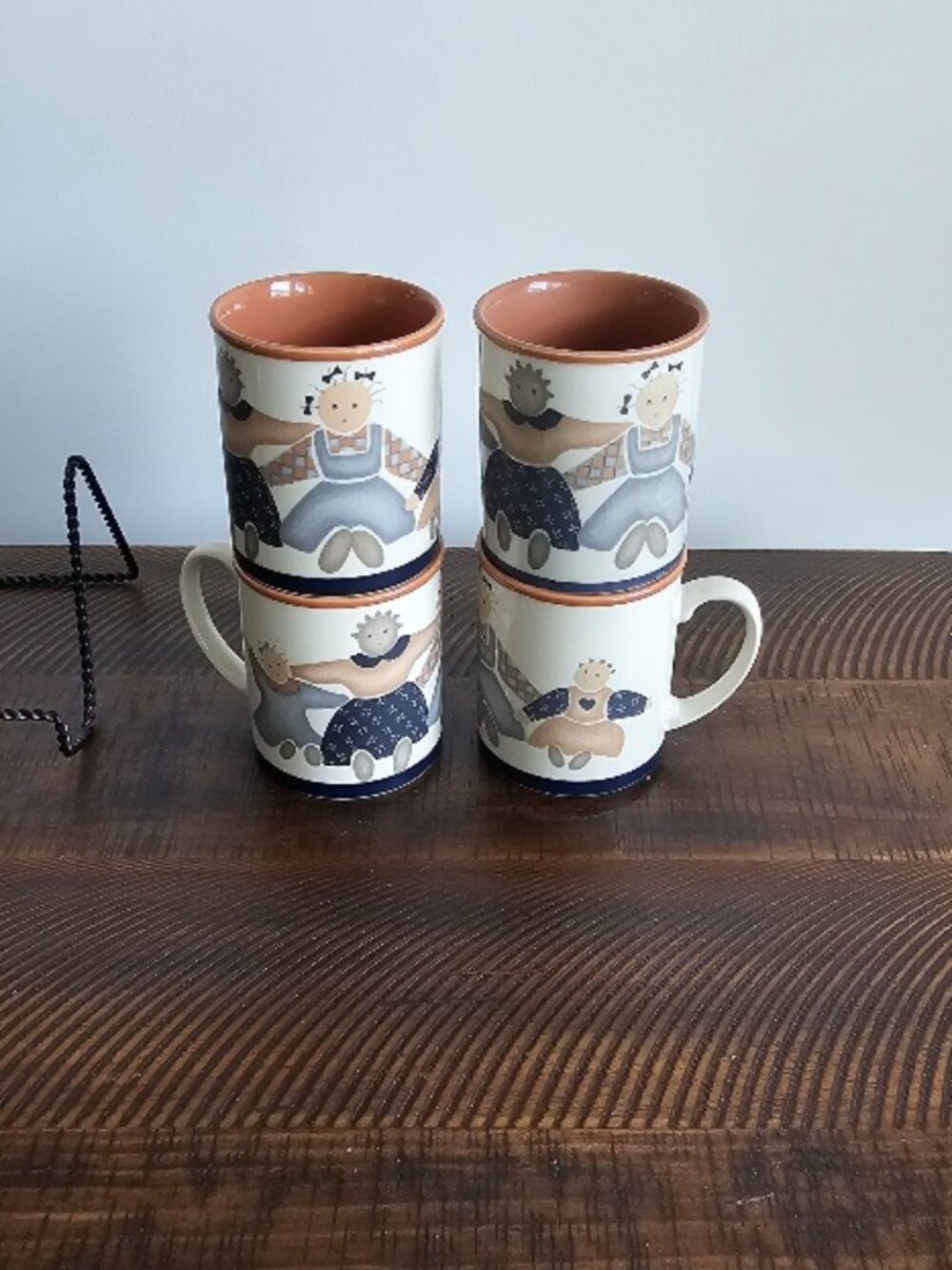 4 Pottery Stoneware Mug Cup Mugs Cups Rag Dolls Farmhouse Rustic Primitive EUC